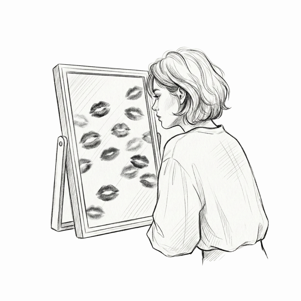 Woman looking at mirror covered in kiss marks - love-based beauty illustration