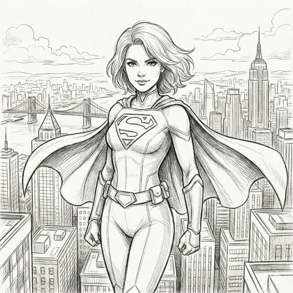 Woman as superhero with cape and cityscape - style as superpower illustration