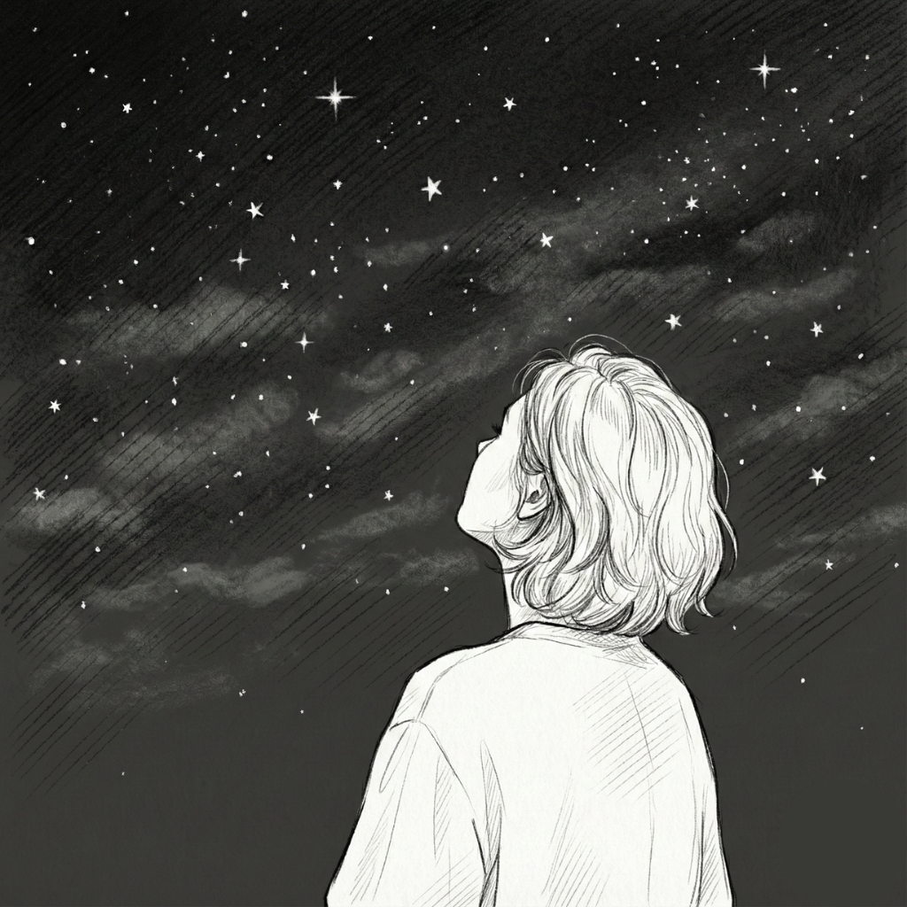 Woman gazing at starry night sky - you are a star illustration